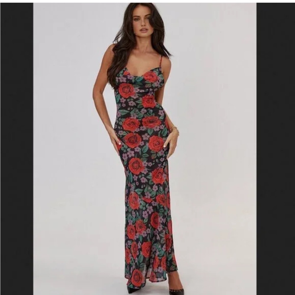 Commense Black and Red Floral Cowl Neck Maxi Dress | M - Picture 2 of 6